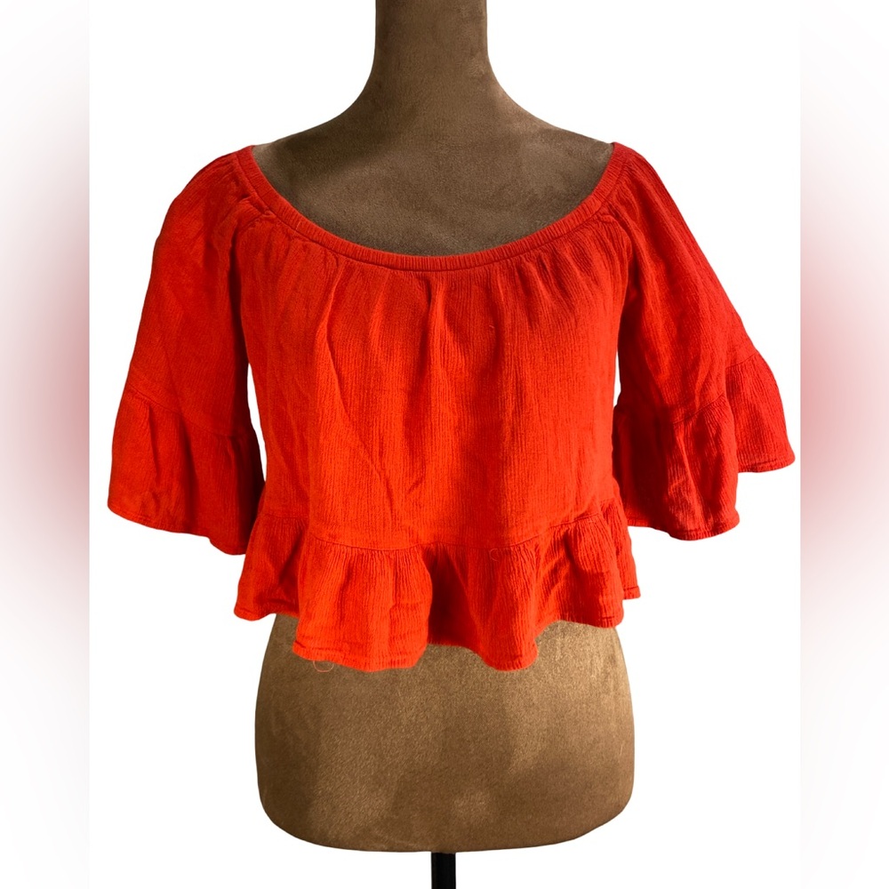 Show Me Your Mumu Red Ruffled Cropped Top Size M‎ Off Shoulder Bell Sleeve